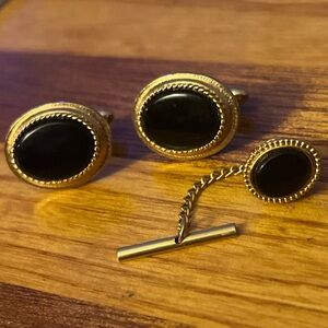Vintage 70s-80s Gold Tone, Faux Onyx, Bullet Back Cufflinks & Tie Tack Set, Avon